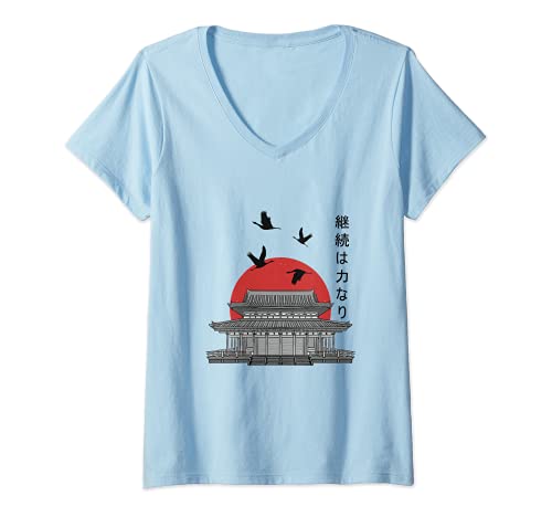 Damen Japanischer Tempel Kraniche Sonnenuntergang Kunstdruck T-Shirt mit V-Ausschnitt Damen Japanischer Tempel Kraniche Sonnenuntergang Kunstdruck T-Shirt mit V-Ausschnitt von Japanische Kunstdrucke Kleidung & Accessoires