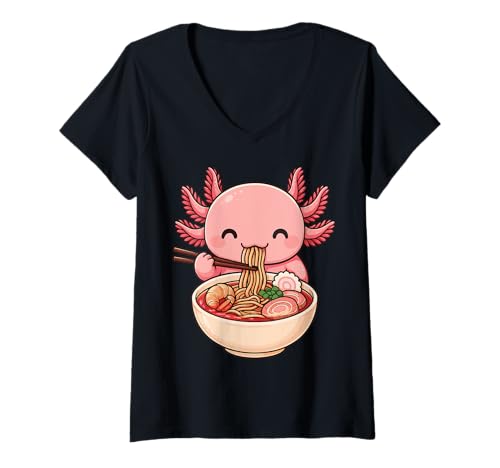 Damen Anime Axolotl Isst Ramen Retro Kawaii Axolotl Ramen T-Shirt mit V-Ausschnitt Damen Anime Axolotl Isst Ramen Retro Kawaii Axolotl Ramen T-Shirt mit V-Ausschnitt von Japanische Nudeln Niedlich Rosa Axolotl Japan