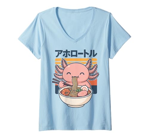 Damen Anime Axolotl Isst Ramen Retro Kawaii Axolotl Ramen T-Shirt mit V-Ausschnitt von Japanische Nudeln Niedlich Rosa Axolotl Japan