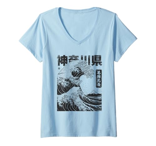 Damen Hokusai Ukiyo-e Japan Honshu Japanische Welle Vor Kanagawa T-Shirt mit V-Ausschnitt von Japanische Otaku Motive für Japan Liebhaber