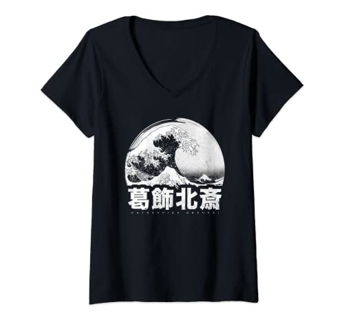Damen Japanisches Hokusai Japan Style The Great Wave Off Kanagawa T-Shirt mit V-Ausschnitt von Japanische Otaku Motive für Japan Liebhaber