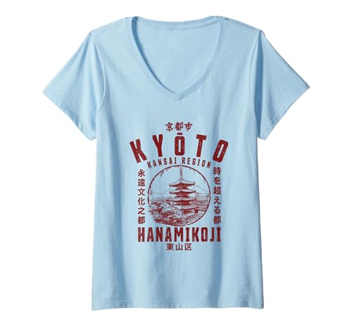 Damen Kyoto Hanamikoji Kansai Region Honshu Kinki Kioto Japan T-Shirt mit V-Ausschnitt von Japanische Otaku Motive für Japan Liebhaber
