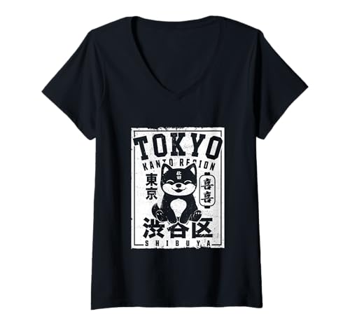 Damen Vintage Tokio Shibuya Japanisch Akita Hund Japan Tokyo T-Shirt mit V-Ausschnitt von Japanische Otaku Motive für Japan Liebhaber