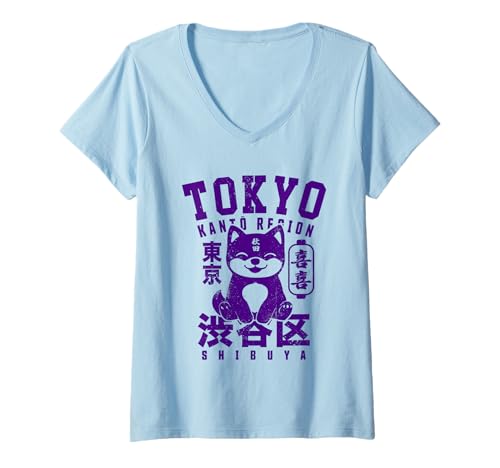 Damen Vintage Tokio Shibuya Japanisch Akita Hund Japan Tokyo T-Shirt mit V-Ausschnitt von Japanische Otaku Motive für Japan Liebhaber