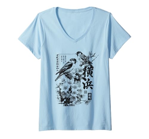 Damen Yokohama Japan Haiku Kirschblüten Vögel Japanisches Design T-Shirt mit V-Ausschnitt von Japanische Otaku Motive für Japan Liebhaber