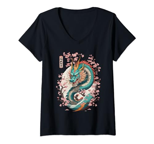 Damen Aesthetic Drachen Streetwear Japanischer Kirschblüten T-Shirt mit V-Ausschnitt von Japanischer Drache Bild Tattoo Asiatischer Jahr