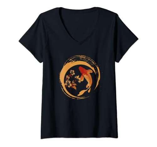 Damen Koi Karpfen mit Sakura Blüte T-Shirt mit V-Ausschnitt Damen Koi Karpfen mit Sakura Blüte T-Shirt mit V-Ausschnitt von Japanischer Koi Karpfen - Japan Zierfische