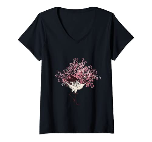 Damen Kirschblütenbaum Kranich Vogel Japanische Sakura Kirschblüte T-Shirt mit V-Ausschnitt von Japanischer Sakura Kirschblütenbaum Blumenfest