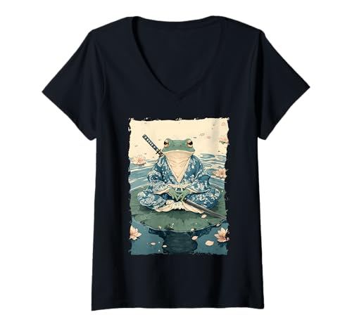 Damen Frosch-Samurai-Krieger Katana Ukiyoe Ronin T-Shirt mit V-Ausschnitt Damen Frosch-Samurai-Krieger Katana Ukiyoe Ronin T-Shirt mit V-Ausschnitt von Japanisches Frosch Geschenk Katana
