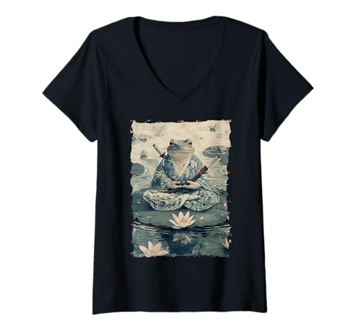 Damen Frosch-Samurai-Krieger Katana Ukiyoe Ronin T-Shirt mit V-Ausschnitt Damen Frosch-Samurai-Krieger Katana Ukiyoe Ronin T-Shirt mit V-Ausschnitt von Japanisches Frosch Geschenk Katana