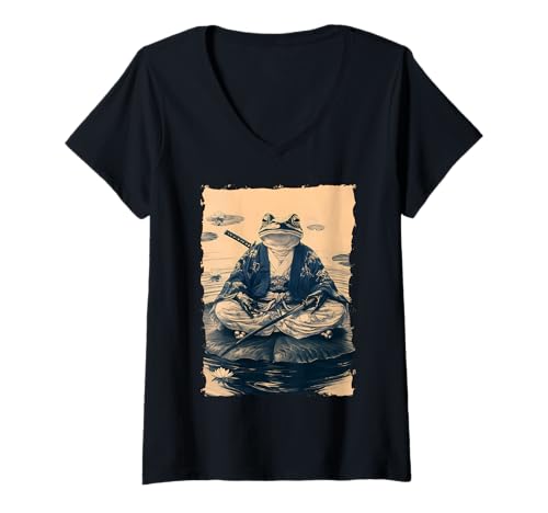 Damen Frosch-Samurai-Krieger Katana Ukiyoe Ronin T-Shirt mit V-Ausschnitt Damen Frosch-Samurai-Krieger Katana Ukiyoe Ronin T-Shirt mit V-Ausschnitt von Japanisches Frosch Geschenk Katana