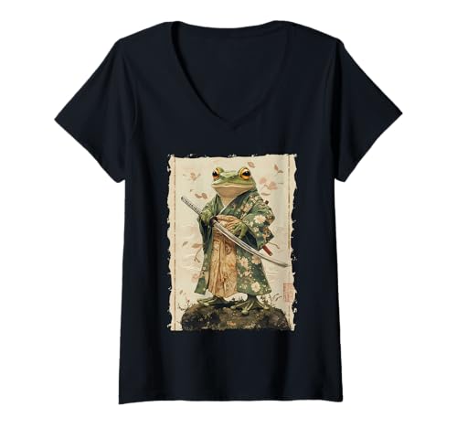 Damen Frosch-Samurai-Krieger Katana Ukiyoe Ronin T-Shirt mit V-Ausschnitt Damen Frosch-Samurai-Krieger Katana Ukiyoe Ronin T-Shirt mit V-Ausschnitt von Japanisches Frosch Geschenk Katana