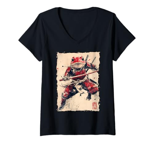 Damen Frosch-Samurai-Krieger Katana Ukiyoe Ronin T-Shirt mit V-Ausschnitt Damen Frosch-Samurai-Krieger Katana Ukiyoe Ronin T-Shirt mit V-Ausschnitt von Japanisches Frosch Geschenk Katana