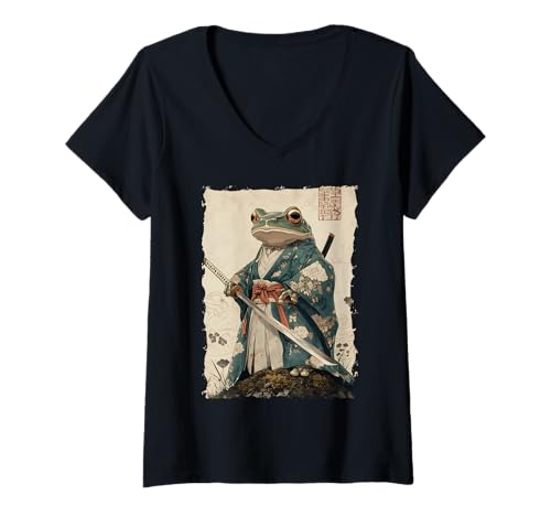 Damen Frosch-Samurai-Krieger Katana Ukiyoe Ronin T-Shirt mit V-Ausschnitt Damen Frosch-Samurai-Krieger Katana Ukiyoe Ronin T-Shirt mit V-Ausschnitt von Japanisches Frosch Geschenk Katana