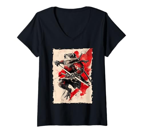 Damen Frosch-Samurai-Krieger Katana Ukiyoe Ronin T-Shirt mit V-Ausschnitt Damen Frosch-Samurai-Krieger Katana Ukiyoe Ronin T-Shirt mit V-Ausschnitt von Japanisches Frosch Geschenk Katana