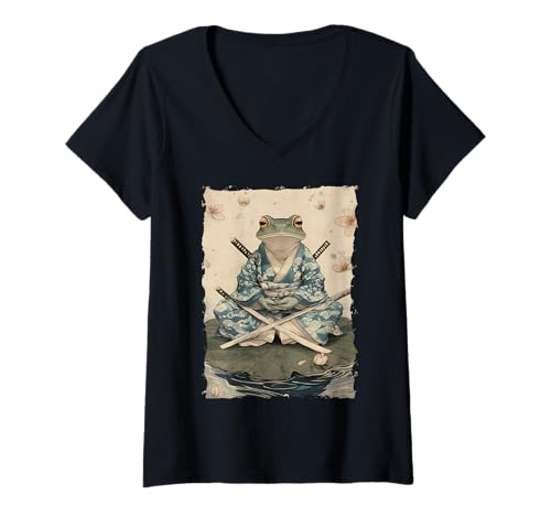 Damen Frosch-Samurai-Krieger Katana Ukiyoe Ronin T-Shirt mit V-Ausschnitt Damen Frosch-Samurai-Krieger Katana Ukiyoe Ronin T-Shirt mit V-Ausschnitt von Japanisches Frosch Geschenk Katana