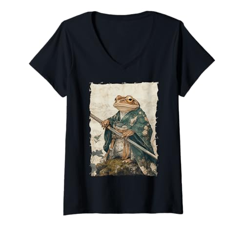 Damen Frosch-Samurai-Krieger Katana Ukiyoe Ronin T-Shirt mit V-Ausschnitt von Japanisches Frosch Geschenk Katana
