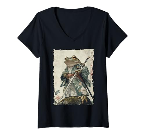 Damen Frosch-Samurai-Krieger Katana Ukiyoe Ronin T-Shirt mit V-Ausschnitt Damen Frosch-Samurai-Krieger Katana Ukiyoe Ronin T-Shirt mit V-Ausschnitt von Japanisches Frosch Geschenk Katana