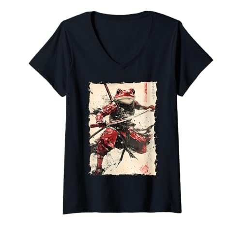 Damen Frosch-Samurai-Krieger Katana Ukiyoe Ronin T-Shirt mit V-Ausschnitt Damen Frosch-Samurai-Krieger Katana Ukiyoe Ronin T-Shirt mit V-Ausschnitt von Japanisches Frosch Geschenk Katana