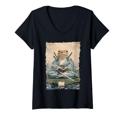 Damen Frosch-Samurai-Krieger Katana Ukiyoe Ronin T-Shirt mit V-Ausschnitt Damen Frosch-Samurai-Krieger Katana Ukiyoe Ronin T-Shirt mit V-Ausschnitt von Japanisches Frosch Geschenk Katana