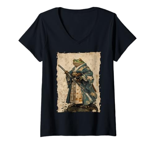 Damen Frosch-Samurai-Krieger Katana Ukiyoe Ronin T-Shirt mit V-Ausschnitt Damen Frosch-Samurai-Krieger Katana Ukiyoe Ronin T-Shirt mit V-Ausschnitt von Japanisches Frosch Geschenk Katana