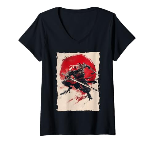 Damen Frosch-Samurai-Krieger Katana Ukiyoe Ronin T-Shirt mit V-Ausschnitt Damen Frosch-Samurai-Krieger Katana Ukiyoe Ronin T-Shirt mit V-Ausschnitt von Japanisches Frosch Geschenk Katana