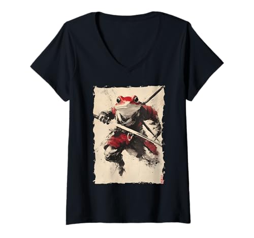 Damen Frosch-Samurai-Krieger Katana Ukiyoe Ronin T-Shirt mit V-Ausschnitt Damen Frosch-Samurai-Krieger Katana Ukiyoe Ronin T-Shirt mit V-Ausschnitt von Japanisches Frosch Geschenk Katana
