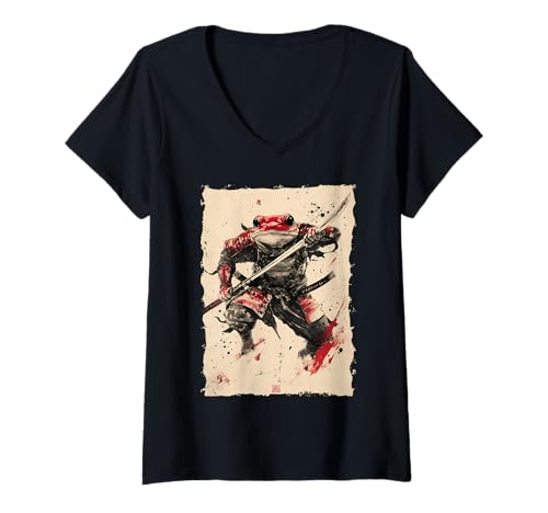 Damen Frosch-Samurai-Krieger Katana Ukiyoe Ronin T-Shirt mit V-Ausschnitt Damen Frosch-Samurai-Krieger Katana Ukiyoe Ronin T-Shirt mit V-Ausschnitt von Japanisches Frosch Geschenk Katana