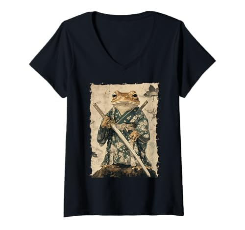 Damen Frosch-Samurai-Krieger Katana Ukiyoe Ronin T-Shirt mit V-Ausschnitt von Japanisches Frosch Geschenk Katana