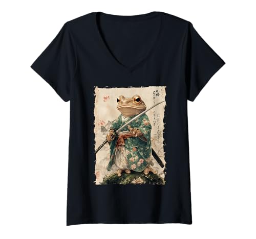 Damen Frosch-Samurai-Krieger Katana Ukiyoe Ronin T-Shirt mit V-Ausschnitt Damen Frosch-Samurai-Krieger Katana Ukiyoe Ronin T-Shirt mit V-Ausschnitt von Japanisches Frosch Geschenk Katana