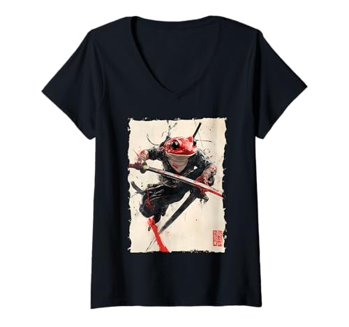 Damen Frosch-Samurai-Krieger Katana Ukiyoe Ronin T-Shirt mit V-Ausschnitt Damen Frosch-Samurai-Krieger Katana Ukiyoe Ronin T-Shirt mit V-Ausschnitt von Japanisches Frosch Geschenk Katana