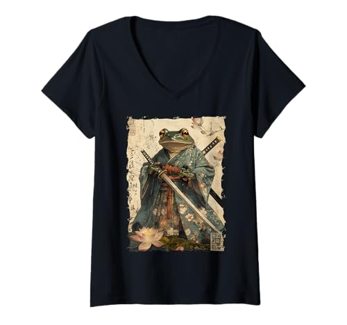 Damen Frosch-Samurai-Krieger Katana Ukiyoe Ronin T-Shirt mit V-Ausschnitt Damen Frosch-Samurai-Krieger Katana Ukiyoe Ronin T-Shirt mit V-Ausschnitt von Japanisches Frosch Geschenk Katana