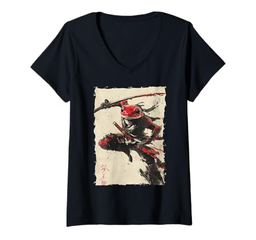 Damen Frosch-Samurai-Krieger Katana Ukiyoe Ronin T-Shirt mit V-Ausschnitt Damen Frosch-Samurai-Krieger Katana Ukiyoe Ronin T-Shirt mit V-Ausschnitt von Japanisches Frosch Geschenk Katana
