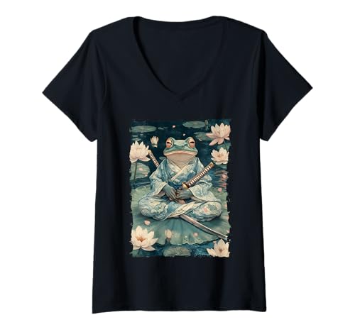 Damen Frosch-Samurai-Krieger Katana Ukiyoe Ronin T-Shirt mit V-Ausschnitt Damen Frosch-Samurai-Krieger Katana Ukiyoe Ronin T-Shirt mit V-Ausschnitt von Japanisches Frosch Geschenk Katana