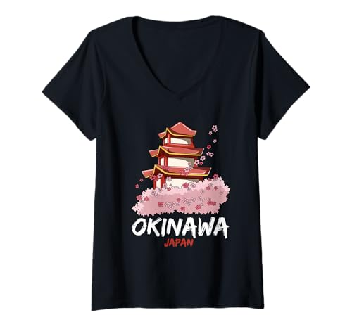 Damen Okinawa Japan Zen-Tempel T-Shirt mit V-Ausschnitt von Japanisches Okinawa-Geschenk für Männer