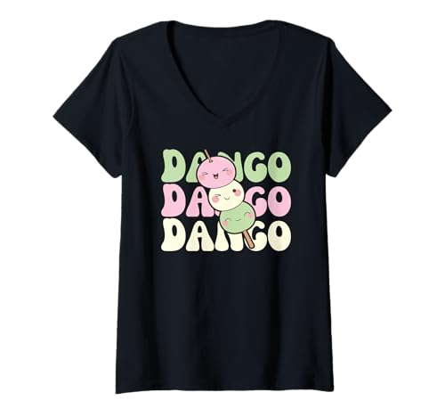 Damen Süßes Kawaii Mochi Dango reiskuchen T-Shirt mit V-Ausschnitt Damen Süßes Kawaii Mochi Dango reiskuchen T-Shirt mit V-Ausschnitt von Japanisches Street Food Graphic Design