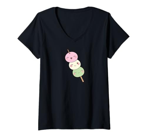 Damen Süßes Kawaii Mochi Dango reiskuchen T-Shirt mit V-Ausschnitt Damen Süßes Kawaii Mochi Dango reiskuchen T-Shirt mit V-Ausschnitt von Japanisches Street Food Graphic Design