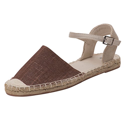 Japanwelt Damen Espadrilles Glitzer Canvas Sandalen Offen mit Riemchen Sommerlatschen Leinen Braun Beige Größe 38 von Japanwelt