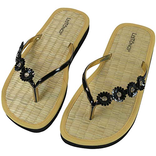 Japanwelt Les Tongs Zimtlatschen Chrysantheme Zehentrenner - Blumen Perlen Sandalen Zimtsohlen ? Damen Größe 39/40 EU Schwarz/Gold von Japanwelt