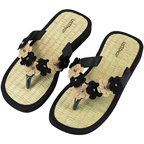 Japanwelt Les Tongs Zimtlatschen Sakura Zehentrenner - Blumen Perlen Sandalen Zimtsohlen ? Damen Größe 37/38 EU Schwarz/Beige von Japanwelt