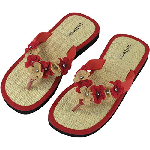 Japanwelt Les Tongs Zimtlatschen Sakura Zehentrenner - Blumen Perlen Sandalen Zimtsohlen ? Damen Größe 41/42 EU Rot/Beige von Japanwelt