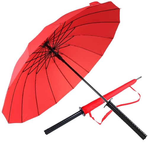 Japanwelt Samurai Regenschirm I Katana-Regenschirm groß japanischer-Regenschirm mit Samuraischwert, Anime Japan Schirm mit Gurt, für Erwachsene & Kinder, 100 cm Durchmesser (Rot) von Japanwelt