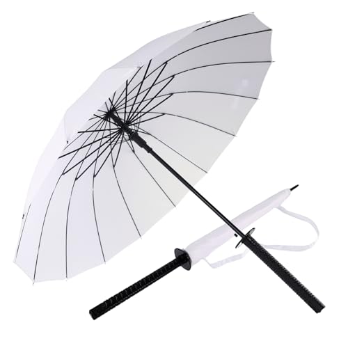 Japanwelt Samurai Regenschirm - Großer japanischer Schirm mit Katana-Design, Anime Schirm mit Gurt, für Erwachsene & Kinder, 100 cm Durchmesser (Weiß) von Japanwelt