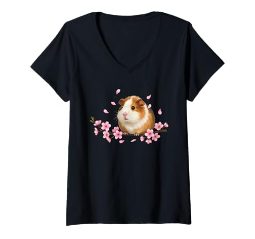 Damen Japanische Meerschweinchen Kirschblüten Sakura Grafik T-Shirt mit V-Ausschnitt Damen Japanische Meerschweinchen Kirschblüten Sakura Grafik T-Shirt mit V-Ausschnitt von Japon Art Cochon D'Inde Fleurs Japonaises Anime