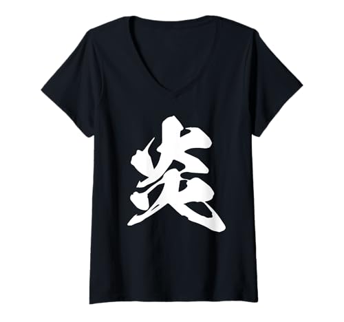 Damen HONOO 炎 – Japanische Kalligraphie, Flamme T-Shirt mit V-Ausschnitt Damen HONOO 炎 – Japanische Kalligraphie, Flamme T-Shirt mit V-Ausschnitt von Japonca Tek Kanji Koleksiyonu