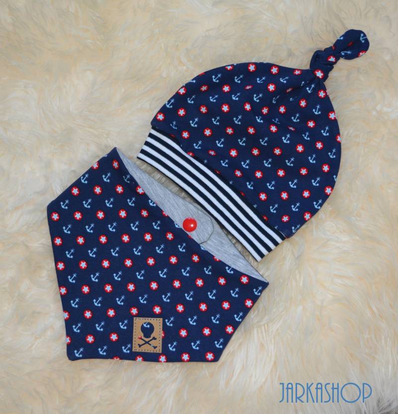 Baby Set Mütze & Halstuch Maritim Rot/Blau von Jarkashop