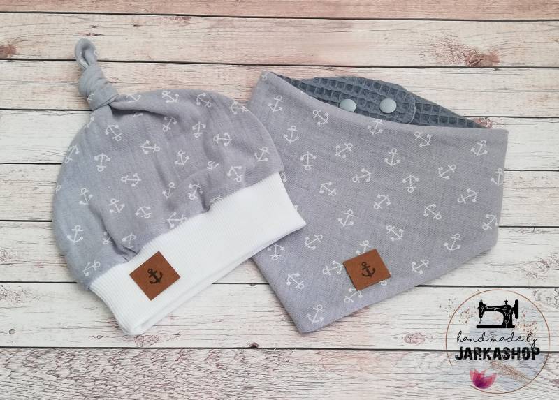 Baby Set Mütze & Halstuch Musselin-Waffelpique "Minianker Hellgrau Maritim"Mit Namen, Mit Bündchen, Leichte Sommer Mütze, Musselinmütze von Jarkashop
