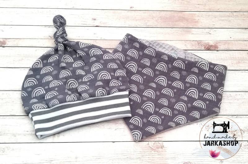 Baby Set Mütze & Halstuch Musselin-Waffelpique "Regenbogen Grau-Weiß"Mit Namen, Mit Bündchen, Leichte Sommer Mütze, Musselinmütze von Jarkashop