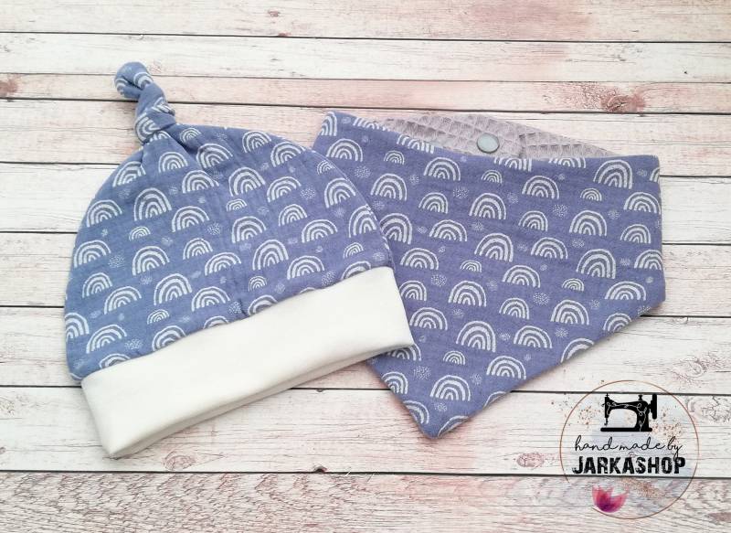 Baby Set Mütze & Halstuch Musselin-Waffelpique "Regenbogen Hellblau-Weiß"Mit Namen, Mit Bündchen, Leichte Sommer Mütze, Musselinmütze von Jarkashop