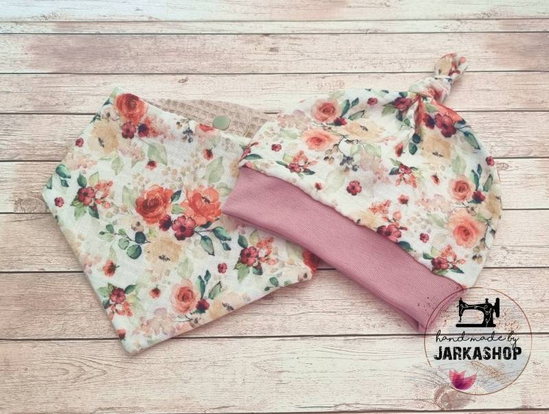 Baby Set Mütze & Halstuch Musselin-Waffelpique "Rosen"Mit Namen, Mit Bündchen, Leichte Sommer Mütze, Musselinmütze von Jarkashop